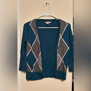 Banana Republic V Neck Button Argyle Sweater Knit Cardigan Teal Grey